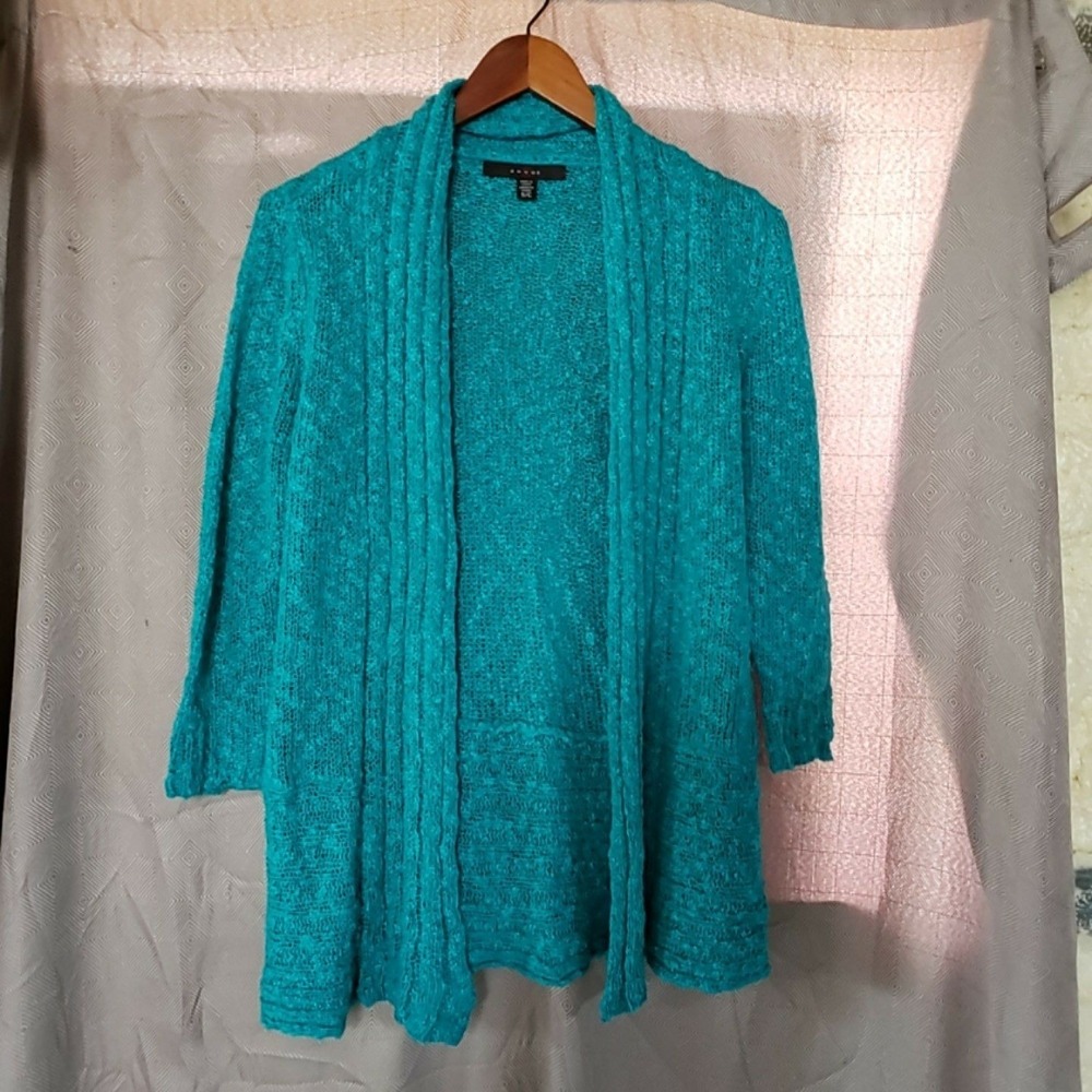 Fever Cardigan Sweater Womens Small Green Open Front 3/4 Sleeve Textured Knit